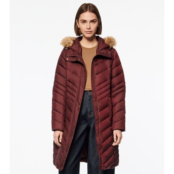 Andrew Marc Miranda Chevron Quilted Jacket Womens XS Burgundy Fur Trim Hood NWT - Picture 12 of 12
